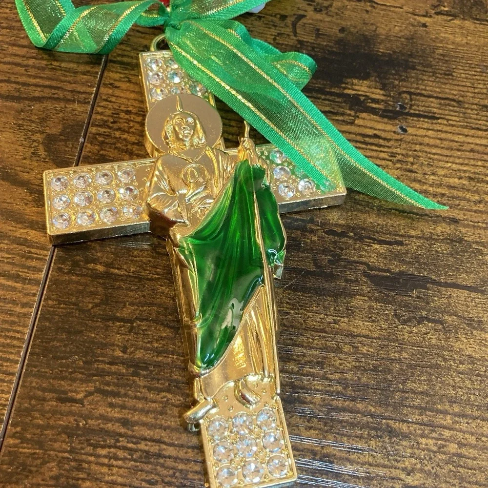 St Jude Rhinestone Cross Wall Hanging Green Red White Beaded Religious Decor